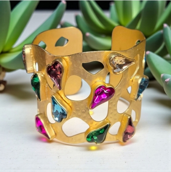 Huge Matte Gold Heart Crystal Cut-out Cuff Bracelet - Picture 2 of 6